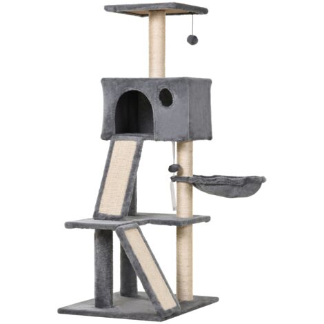 easycomfort albero tiragraffi accessoriato con cuccia lettino sospeso e 2 pedane in peluche grigio e corda sisal 60x49x130cm