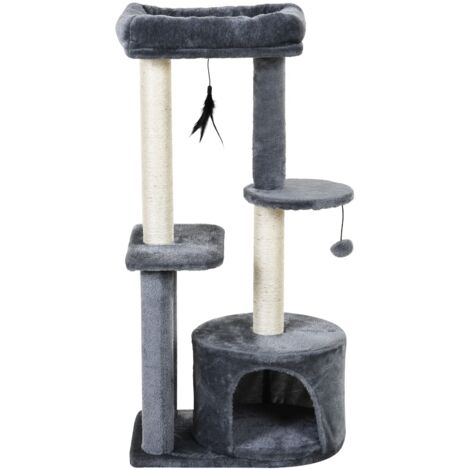 easycomfort albero tiragraffi per gatti adulti su più livelli, castello per gatti con cuccia, posatoio e 2 ripiani, bianco e grigio, 48x35x100cm