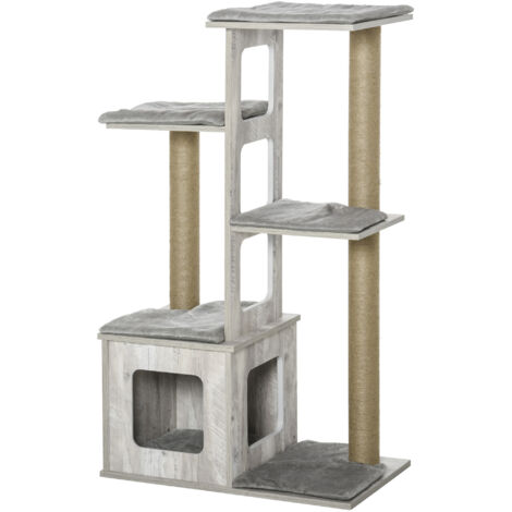 easycomfort albero tiragraffi per gatti multi-livello con cuccia e corde in iuta, 67x38.5x114 cm, grigio