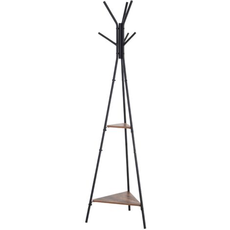 easycomfort appendiabiti ad albero con 2 ripiani nero e marrone in metallo e legno