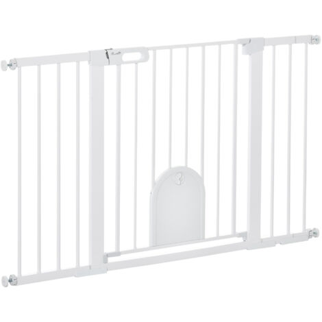 easycomfort cancelletto per cani estensibile con porta a chiusura automatica, in metallo e abs, 75-131x76 cm, bianco