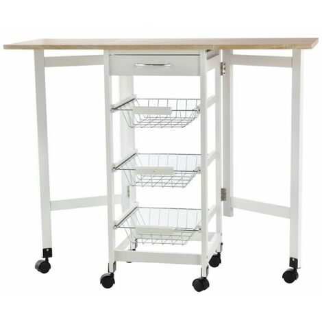 EASYCOMFORT Carrello da Cucina con 3 Cestini, Cassetto e Ribalte, 6 Ruote Girevoli, in MDF e Metallo, 37x37x77.5cm, Bianco e Legno