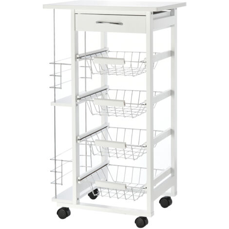 easycomfort carrello da cucina salvaspazio in legno bianco, portavivande con 1 piano di lavoro 1 cassetto e 4 cestelli metallici, 47x37x83cm
