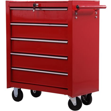easycomfort carrello porta utensili con 5 cassetti, serratura, 2 chiavi e manubrio parete smontabile 2 ruote con freno in lamiera d'acciaio eva rosso 67,5x33x77cm