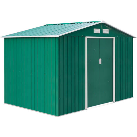 easycomfort casetta da giardino con base e doppie porte scorrevoli in lamiera di acciaio, capanno da giardino in acciaio, 277x195x192cm, verde