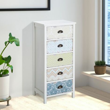EASYCOMFORT Cassettiera Mobiletto Vintage con 5 Cassetti Stile Shabby Bagno, Ingresso, Camera 46 × 34 × 97.5cm Bianco
