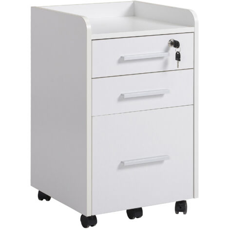 easycomfort cassettiera portadocumento da ufficio bianca in legno, 3 cassetti con chiavi e 5 ruote 39.2 x 40 x 65.4cm