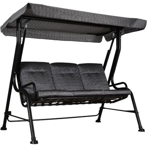 easycomfort dondolo da giardino per 3 persone con tettuccio regolabile e cuscini, 200x120x170cm, nero