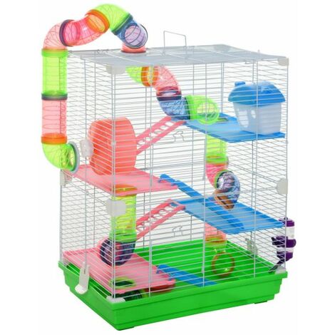 EASYCOMFORT Gabbia con Maniglia per Criceti a 5 livelli con Tubi Colorati, Ruota per Criceti, Scale, Casetta e Accessori per Cibo, 46x30x58 cm