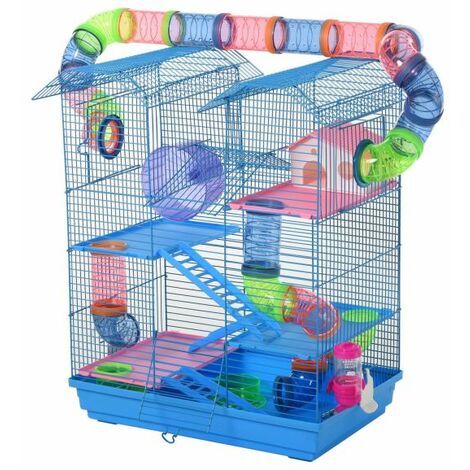 EASYCOMFORT Gabbia per Criceti e Roditori a 5 Piani con Tubi Colorati, Ruota, Casetta e Accessori Inclusi, Blu, 47x30x59cm