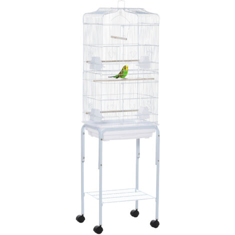 Easycomfort Gabbia per Uccelli, Voliera in Metallo e Acciaio con Ruote, Trespoli e Ciotole, 46.5x36x157cm, Bianco