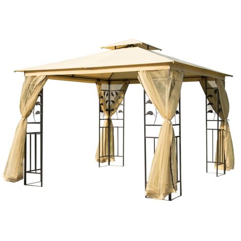 EASYCOMFORT Gazebo da Giardino 3.7x3m con Tetto in Policarbonato a 2  Livelli, Acciaio e Alluminio, Marrone