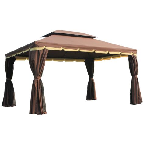easycomfort gazebo da giardino 3x4m con doppio tetto, zanzariera e tende, alluminio e poliestere, color caffè