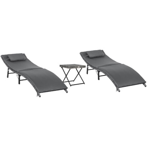 easycomfort lettini prendisole richiudibili con cuscini rimovibili e tavolino pieghevole, set 3 pz in rattan, grigio