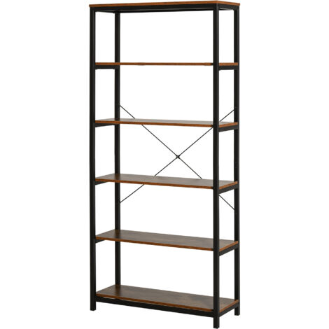 easycomfort libreria verticale in stile industriale vintage, scaffale salvaspazio con 6 mensole in legno e metallo nero, 80x30x180cm