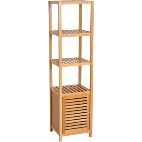 easycomfort mobile alto bagno/terrazzo, scaffale a torre in bambù 4 ripiani + armadietto con anta, 36x33x140cm, color legno