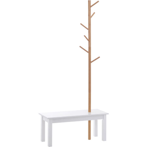 easycomfort panca con appendiabiti in bambù, colore bianco e legno, 80x30x180cm