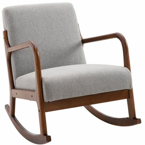 EASYCOMFORT Poltrona a Dondolo Imbottita, Design Vintage in Legno e Lino Grigio, per Interni, Ufficio, Soggiorno, 64x86x80cm