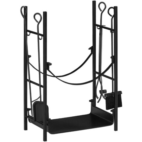 easycomfort portalegna da interno ed esterno in metallo con paletta, scopa, attizzatoio e pinza,44.5x29.5x73cm, nero, 70kg di legna