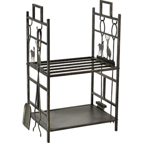 easycomfort portalegna in ferro battuto con attrezzi per camino e manici, base porta legna rialzata e decori, 51.5x33x77cm - nero