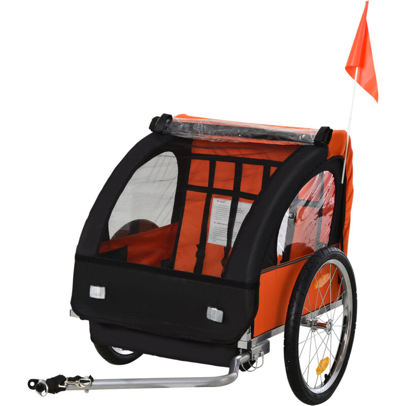 Image of Rimorchio bici bambini con 2 posti, 2 cinture di sicurezza, telaio in acciaio e copertura in tessuto oxford arancione - Easycomfort