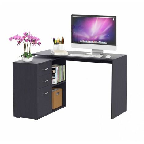 EASYCOMFORT Scrivania Angololare con Cassettiper PC, Scrivania ad Angolo Forma a L per Ufficio e Casa, Ripiano Estraibile, Nero