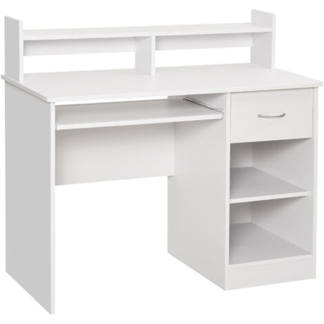 easycomfort scrivania per computer compatta, scrivania pc fisso in legno bianco con ripiano tastiera estraibile e mensole 104x48x95.5cm