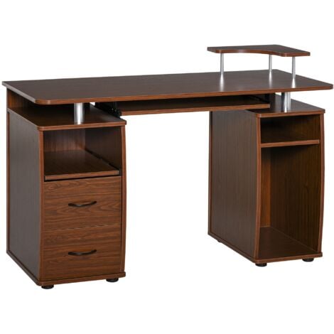 easycomfort scrivania per computer moderna porta pc in legno con cassetti, scrivania salvaspazio con libreria, mensola estraibile e porta tastiera, 120x55x85cm, marrone