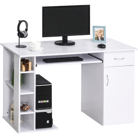 easycomfort scrivania per pc ergonomica con mensole, armadietto, cassetto e piano tastiera estraibile, bianca, 120x60x74cm
