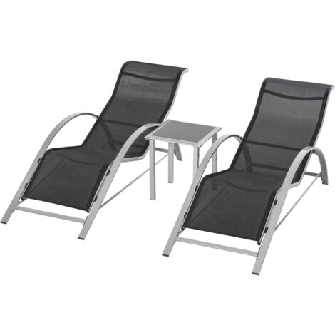 easycomfort set 2 sdraio da giardino e tavolino con vetro, lettino prendisole con tessuto traspirante 59 x 169 x 66cm, nero grigio