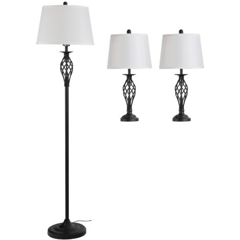 easycomfort set 3 pezzi: 1 lampada da terra e 2 lampade da tavolo in metallo, design vintage, lampadine e27, nero e bianco