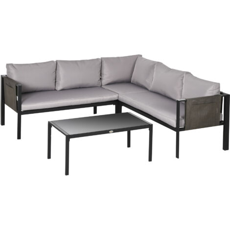 Easycomfort Set da Giardino 4 Pezzi con 2 Divanetti, Poltrona Angolare e Tavolino da Caffè in Vetro Temperato