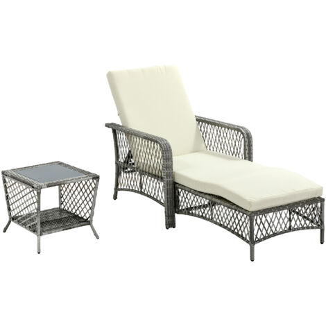 Easycomfort Set Lettino Prendisole e Tavolino in Rattan PE, Sdraio da Giardino Regolabile su 5 Posizioni e Tavolino a 2 Ripiani, Bianco Crema