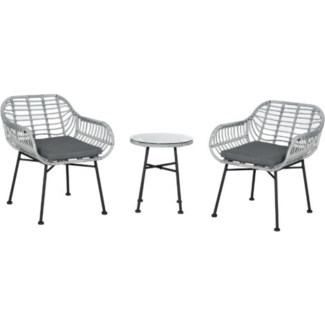 easycomfort set mobili da giardino in rattan pe con 2 sedie e tavolino con ripiano in vetro, grigio