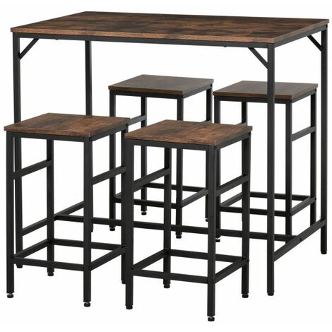 EASYCOMFORT Set Tavolo Alto con 4 Sgabelli Stile Industriale in Metallo e Legno, Arredamento Moderno Soggiorno e Cucina, Marrone Rustico