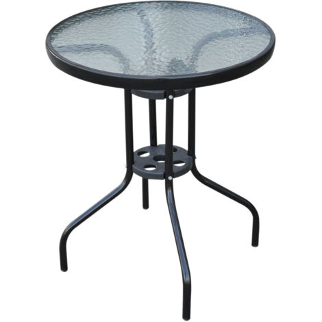 easycomfort tavolino in ferro rotondo con piano in vetro temperato, nero, 60x70cm