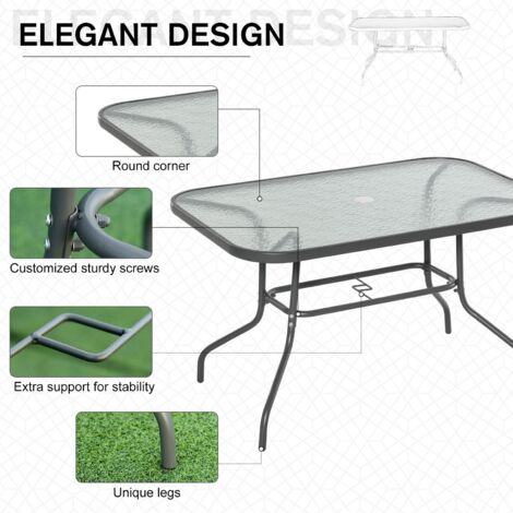 easycomfort tavolo da giardino in metallo e vetro con foro ombrellone 120x80x70cm
