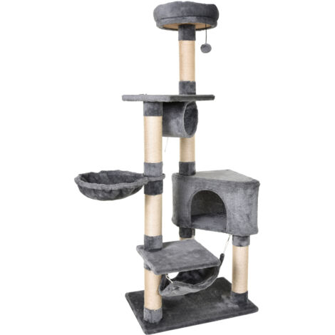 easycomfort tiragraffi a colonna per gatti con cuccia, amaca, lettini sospesi e pali in corda sisal, grigio, 60x40x154cm
