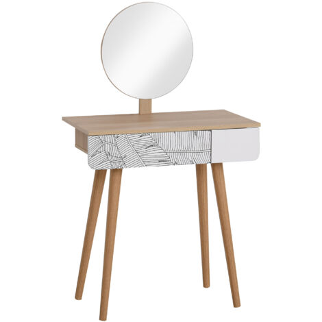 easycomfort toeletta tavolo da trucco con specchio circolare ф39cm, consolle trucco con cassetto con decorazione jungle, bianco e rovere, 70x39x119-128cm
