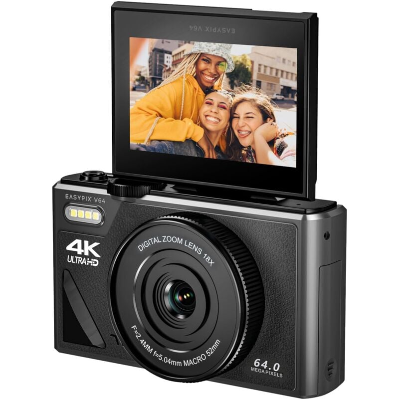 V64 Flip Digital Camera with Flip Screen Foldable Screen 3.0' Resolution up to 64MP Zoom Digital 18x WiFi Vlogger & Selfie - Easypix