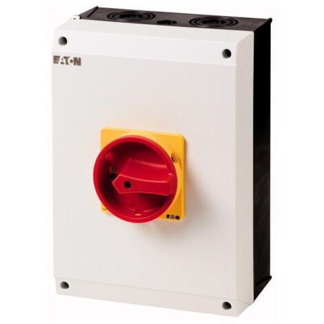Eaton Interrupteur principal, P3, 100 A, montage en saillie, 3 pôles + N, fonction ARRET D'URGENCE, avec manette rotative rouge et collerette de blocage jaune, verrouillable en position 0, 207379