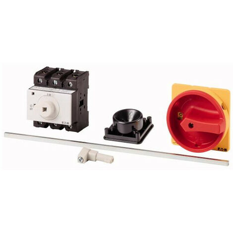 Eaton Interrupteur principal, P3, 63 A, montage intermédiaire, 3 pôles, fonction ARRÊT D'URGENCE, avec poignée rotative rouge et couronne de blocage jaune, verrouillable en position 0, avec arbre méta