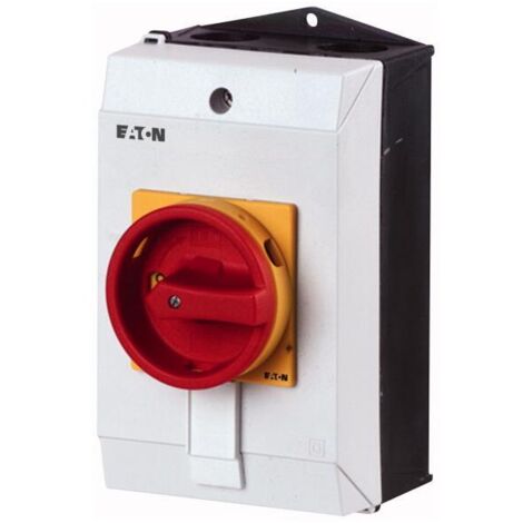 Eaton Interruttore principale, P1, 25 A, Montaggio superficiale, 3 poli + N, Funzione di ARRESTO DI EMERGENZA, con maniglia girevole rossa e ghiera di bloccaggio gialla, bloccabile in posizione 0, Ese