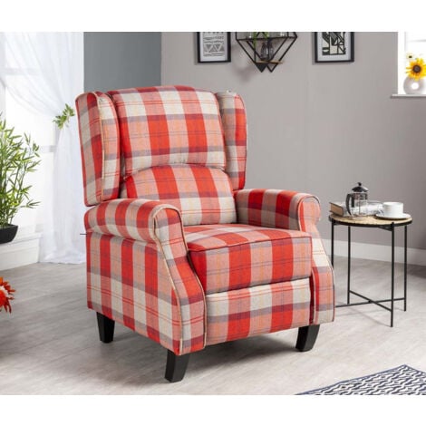 Eaton Tartan Fabric Push Back Recliner Armchair in Red