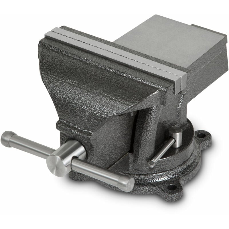 Etau en fonte avec enclume, largeur des mâchoires 150mm, hauteur totale 152mm, rotation 360°, plateau ø 123mm, écartement maximal 100mm, étau petit,