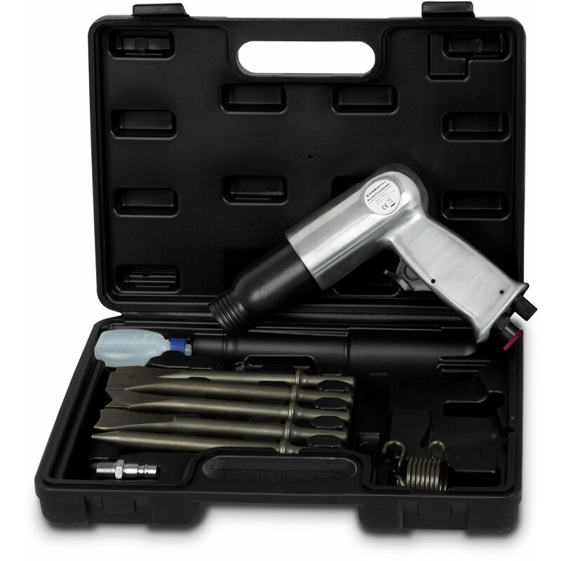 Burin pneumatique avec coffret, set d'outils 10 pièces, 4500 coups/min, 5x burins 150 mm, marteau burineur avec raccord 1/4', y compris accouplement,