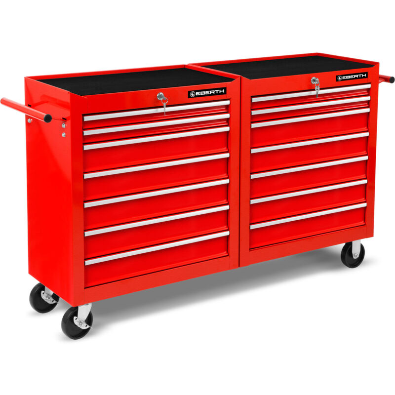 Eberth - Servante d'atelier, Chariot à outils en métal, Vide, 14 tiroirs, Revêtement en poudre rouge, 2 Roues pivotantes avec Frein, poignée de