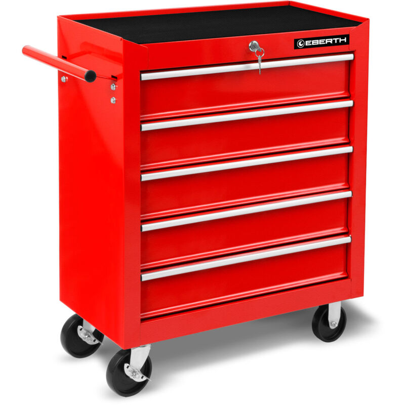 EBERTH Servante d'atelier, Chariot à outils en métal, Vide, 5 tiroirs, Revêtement en poudre rouge, 2 Roues pivotantes avec Frein, poignée de