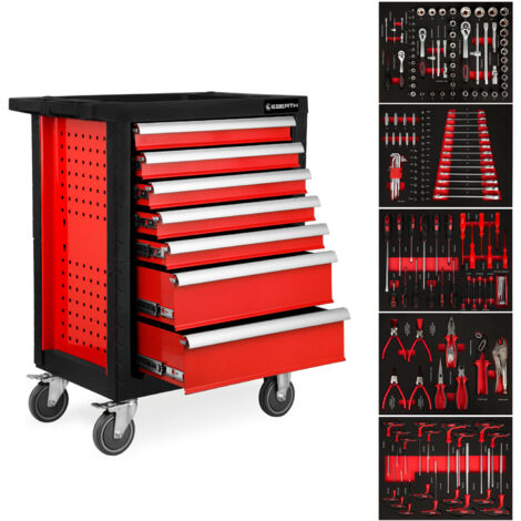Eberth – Servante d'atelier roulante 7 tiroirs avec outils – Charge maximale 350 kg – Roues pivotantes avec frein – Construction acier double paroi