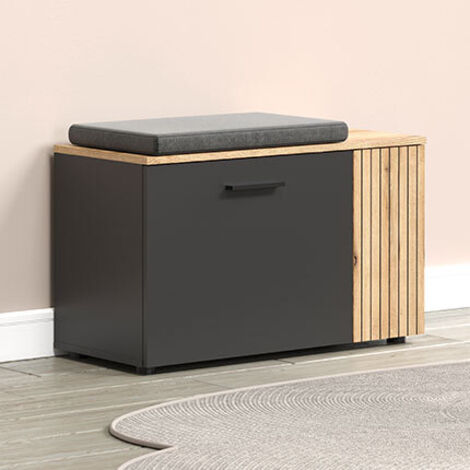 Ebuy24 – Banc à chaussures 2 portes en panneaux mélaminés – Décor chêne et anthracite – Dimensions 80x36x48 cm – Meuble bas multifonction